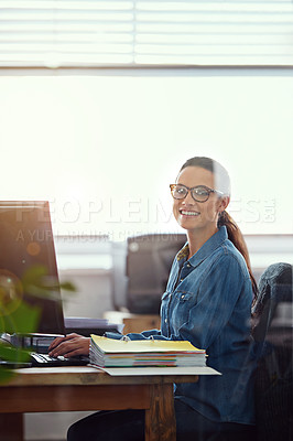 Buy stock photo Woman, office and happy with file in computer for business or employee contract at work as hr manager. Portrait, female person and paperwork in desk with document for company policy and law