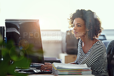 Buy stock photo Computer, thinking and business woman in office for research, creative and planning. Focus, professional and technology with female employee on digital agency for startup, email and website designer