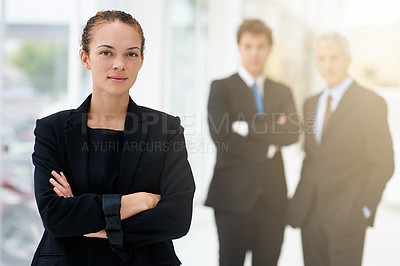 Buy stock photo Businesswoman, office and confidence in meeting, portrait and pride for career in company. Serious female person, professional and support in team management, mentor and planning for collaboration