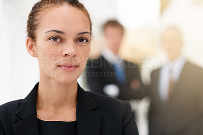 Buy stock photo Woman, portrait and accountant in office with professional team in financial company with pride. Serious, person and confidence in corporate accounting firm as advisor to people for business
