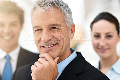 Buy stock photo Business man, CEO and confident in portrait, leadership for team at consulting agency with smile and pride. Management, senior executive in workplace and consultant at company for corporate career