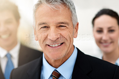 Buy stock photo Business man, management and smile in portrait, leadership for team at consulting agency with confidence and pride. CEO, senior executive in workplace and consultant at company for corporate career