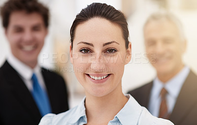 Buy stock photo Business woman, happy in portrait and leadership at law firm,  pride and ambition with attorney team. Corporate lawyer, smile for career in justice and supervisor in professional headshot at office