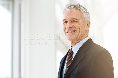 Buy stock photo Businessman, office and smile for portrait, trust and ideas or planning with management. Ceo, suit and workplace for contemplation, career and future with work or company for corporate strategy
