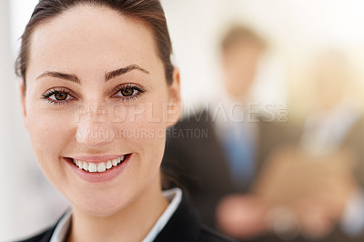 Buy stock photo Happy, woman and portrait in office with professional accountant working in financial company with pride. Person, smile and confidence in corporate accounting firm as business advisory in economy