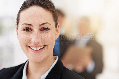Buy stock photo Happy, portrait and woman in office with professional accountant working in financial company with pride. Person, smile and confidence in corporate accounting firm as advisor in business and finance