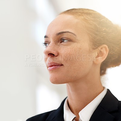 Buy stock photo Professional, woman and thinking of future in company as accountant working in finance with pride. Confident, person and planning solution for corporate firm as advisor in business and accounting