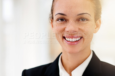 Buy stock photo Happy, woman and portrait in office with professional accountant working in financial company with pride. Person, smile and confidence in corporate accounting firm as advisor for business in London