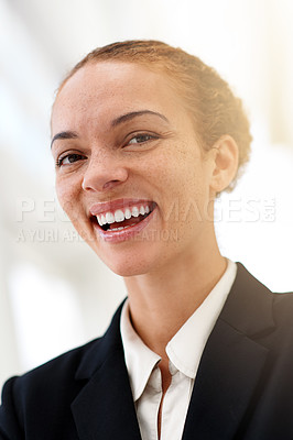 Buy stock photo Happy, portrait and woman in office with professional accountant working in financial company with pride. Person, smile and confidence in corporate accounting firm as business advisory in economy