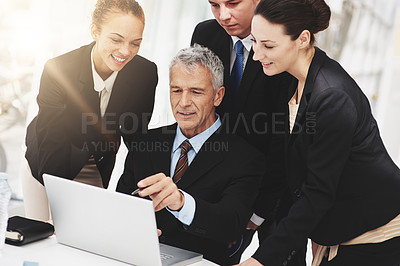 Buy stock photo CEO, collaboration and laptop with employees in office for brainstorming for company. Women, happy and talking to boss for leadership of business with technology for strategy, online and internet