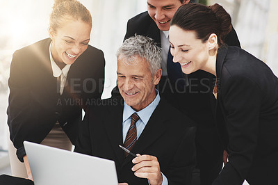 Buy stock photo Team, smile and boss with laptop in office of business plan and meeting with technology. Colleagues, happy and talking to leader of corporate company for collaboration and auditor as career field