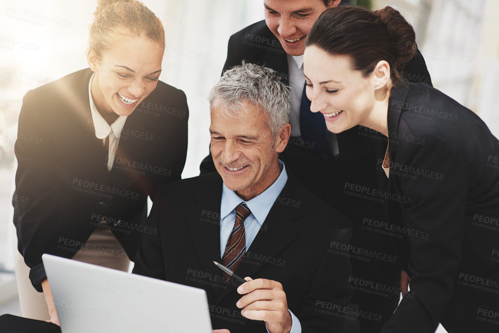 Buy stock photo Team, smile and boss with laptop in office of business plan and meeting with technology. Colleagues, happy and talking to leader of corporate company for collaboration and auditor as career field