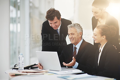 Buy stock photo Employees, discussion and CEO with laptop in office, smile and technology on desk for planning. Colleagues, happy and talking to boss of workplace in corporate company for strategy and business