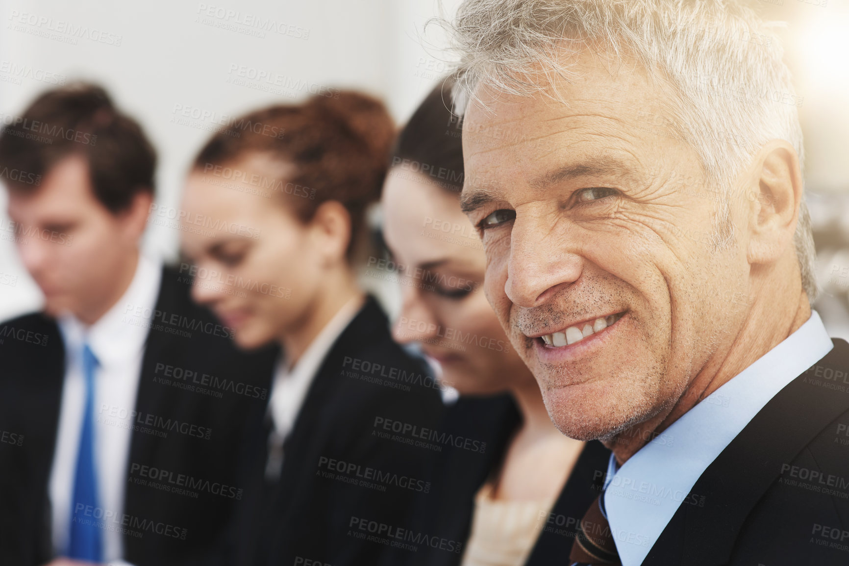 Buy stock photo Business man, face of CEO and smile, leadership for team at consulting agency with confidence and pride. Manager in portrait, senior executive at office and consultant at company for corporate career