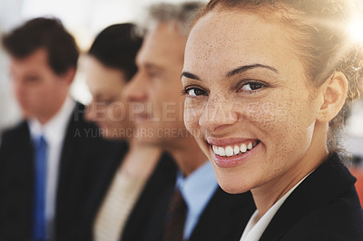 Buy stock photo Business woman, face and happy with leadership at law firm, pride and ambition with attorney. Corporate lawyer in portrait, smile for career in justice and supervisor in professional at office