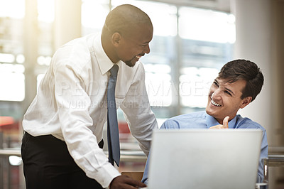 Buy stock photo Manager, help and employee with a laptop, planning or brainstorming with collaboration, teamwork or startup success at a workplace. Male consultants, staff or coworkers with technology or partnership
