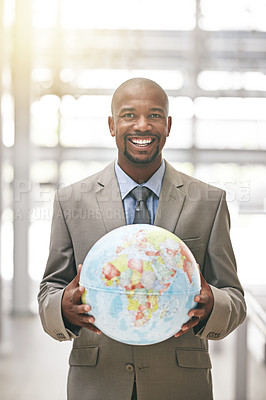 Buy stock photo Professional black man, globe and global business, smile in portrait and Earth, map with worldwide corporate success. Businessman, international travel with happy male executive of company and pride