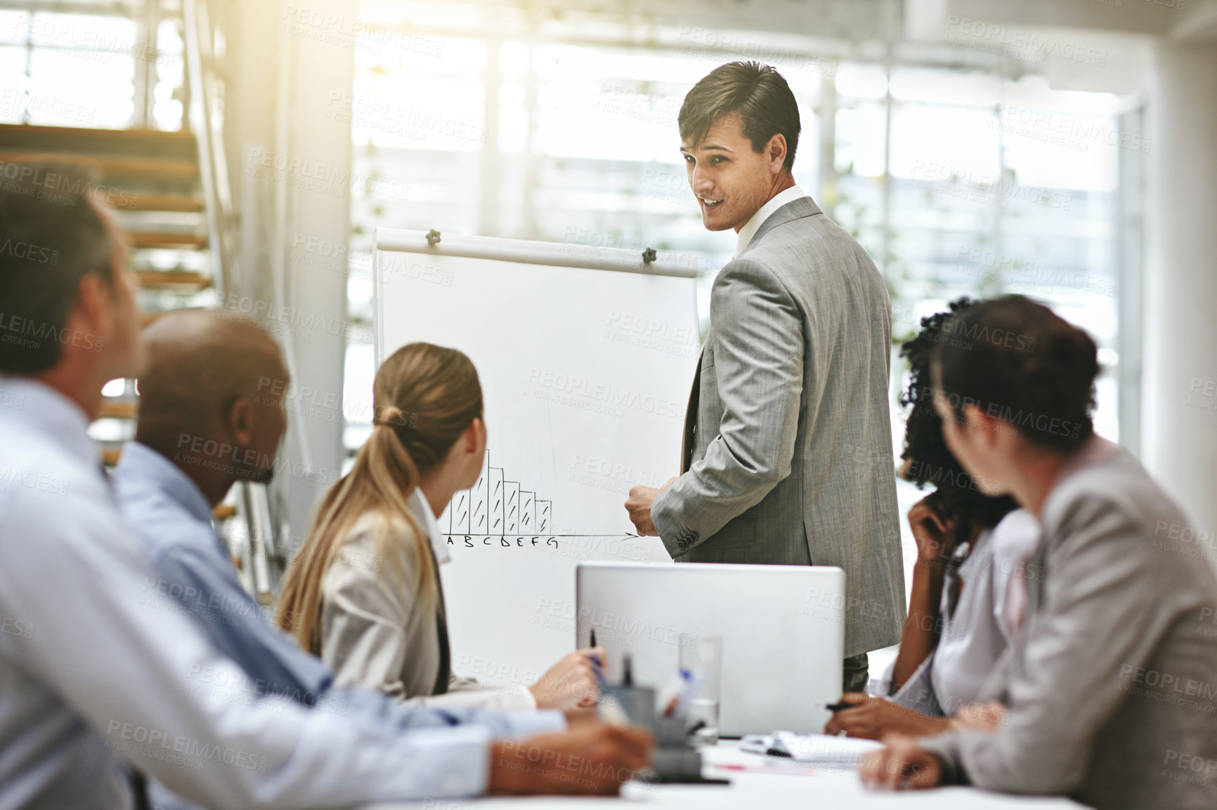 Buy stock photo Businessman, presentation and team training workshop or corporate, coach and consultant speaking on growth of company. Manager, seminar and whiteboard strategy for sales and professional target