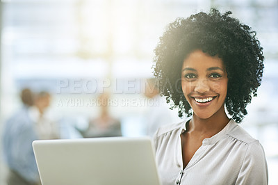 Buy stock photo Black woman in business, laptop and happy in portrait, technology with connectivity and success in workplace. Professional female person holding pc, pride and email communication on office internet