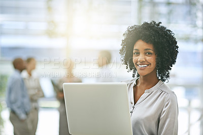 Buy stock photo Black woman in business, laptop with smile in portrait and technology with connectivity and success in workplace. Professional female person holding pc, pride with email communication and internet