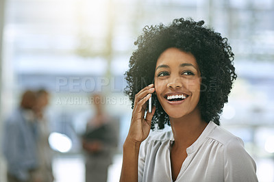 Buy stock photo Phone call, business and laughing black woman in office workplace with mockup space. Cellphone, happiness and African female person speaking, professional communication or funny discussion of contact