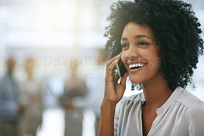 Buy stock photo Phone call, business and funny black woman in office with mockup space. Cellphone, laughing and African female person speaking, communication or discussion, comedy and comic humor with contact.