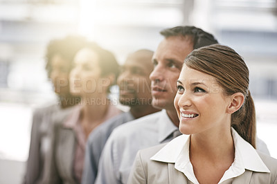 Buy stock photo Business people, face and team thinking with smile, professional collaboration with diversity and teamwork. Company community, success and career mindset with happy group of employees at workplace