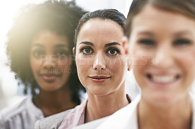 Buy stock photo Business people, face and woman leadership with team in portrait, workforce with professional collaboration and about us. Company community, success and career mindset with group of female employees