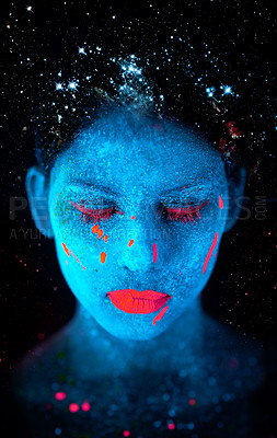 Buy stock photo Face, neon and psychedelic paint for color, art and glitter with unique surreal glow. Person, science fiction and creative with dream, rave and abstract uv illusion for mystical fluorescent trance