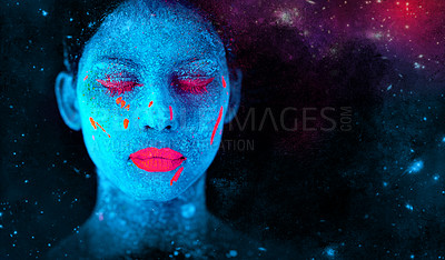 Buy stock photo Face, neon and fantasy paint for creative, art and glitter with unique surreal glow. Person, science fiction and color with dream, rave and abstract uv illusion for mystical fluorescent trance