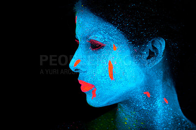 Buy stock photo Face, neon and psychedelic universe for creative, art and glitter with unique surreal glow. Person, science fiction and color with dream, rave and abstract uv illusion for mystical fluorescent trance