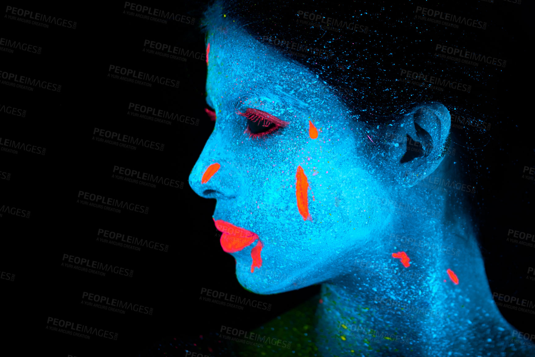 Buy stock photo Face, neon and psychedelic universe for creative, art and glitter with unique surreal glow. Person, science fiction and color with dream, rave and abstract uv illusion for mystical fluorescent trance