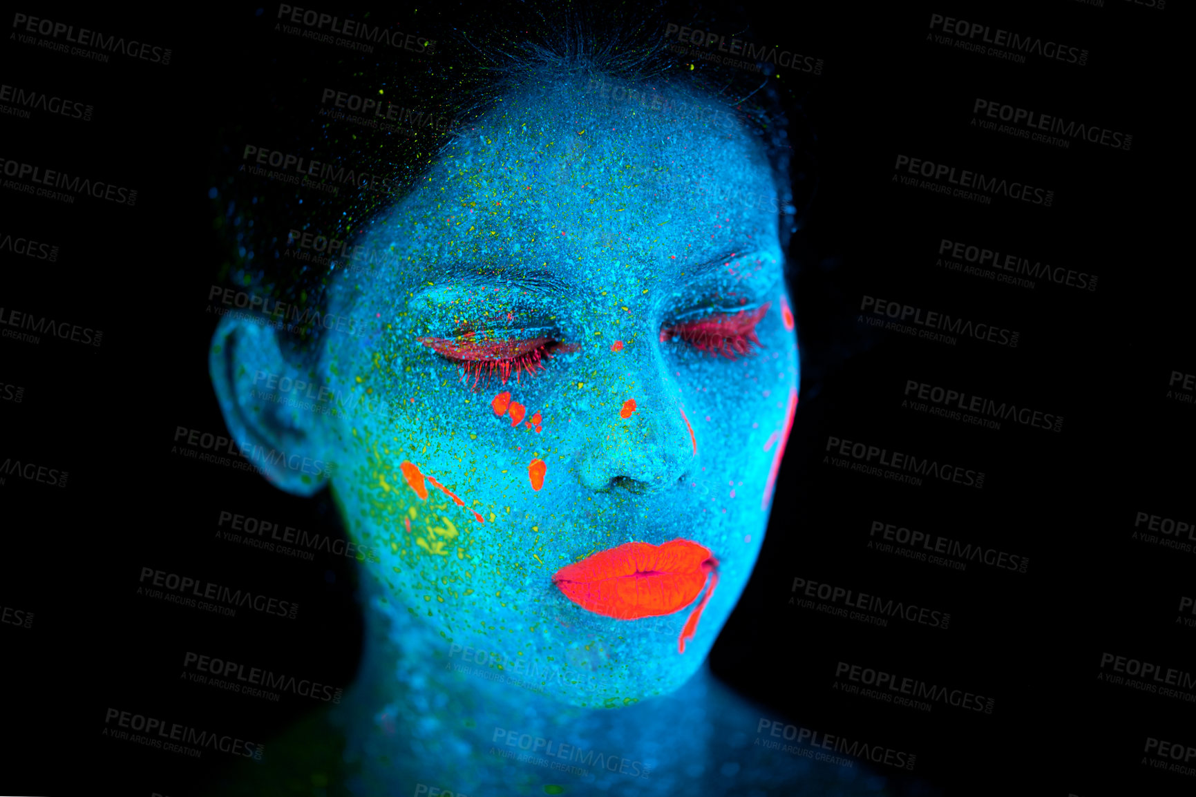 Buy stock photo Face, uv and psychedelic paint for creative, art and glitter with unique surreal glow. Person, science fiction and color with dream, rave and abstract neon illusion for mystical fluorescent trance