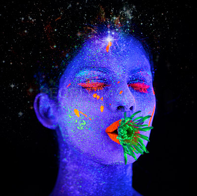 Buy stock photo Neon, paint and face of creative woman in studio with plant for organic art, psychedelic aesthetic or cosmetics. Glow makeup, person or fluorescent glitter for uv illusion or glow on black background