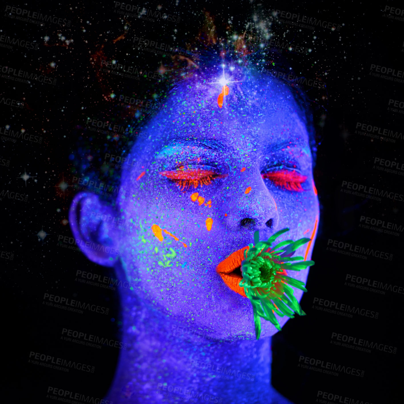 Buy stock photo Neon, paint and face of creative woman in studio with plant for organic art, psychedelic aesthetic or cosmetics. Glow makeup, person or fluorescent glitter for uv illusion or glow on black background