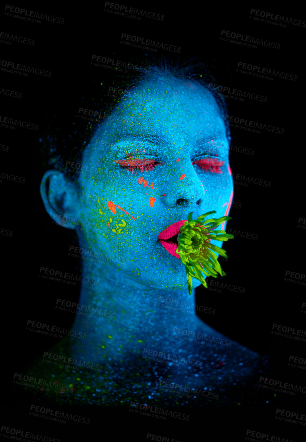 Buy stock photo Neon, paint and face of woman in studio with plant for organic art, plant aesthetic or cosmetics. Glow makeup, person or fluorescent glitter for uv illusion or creative glow on black background