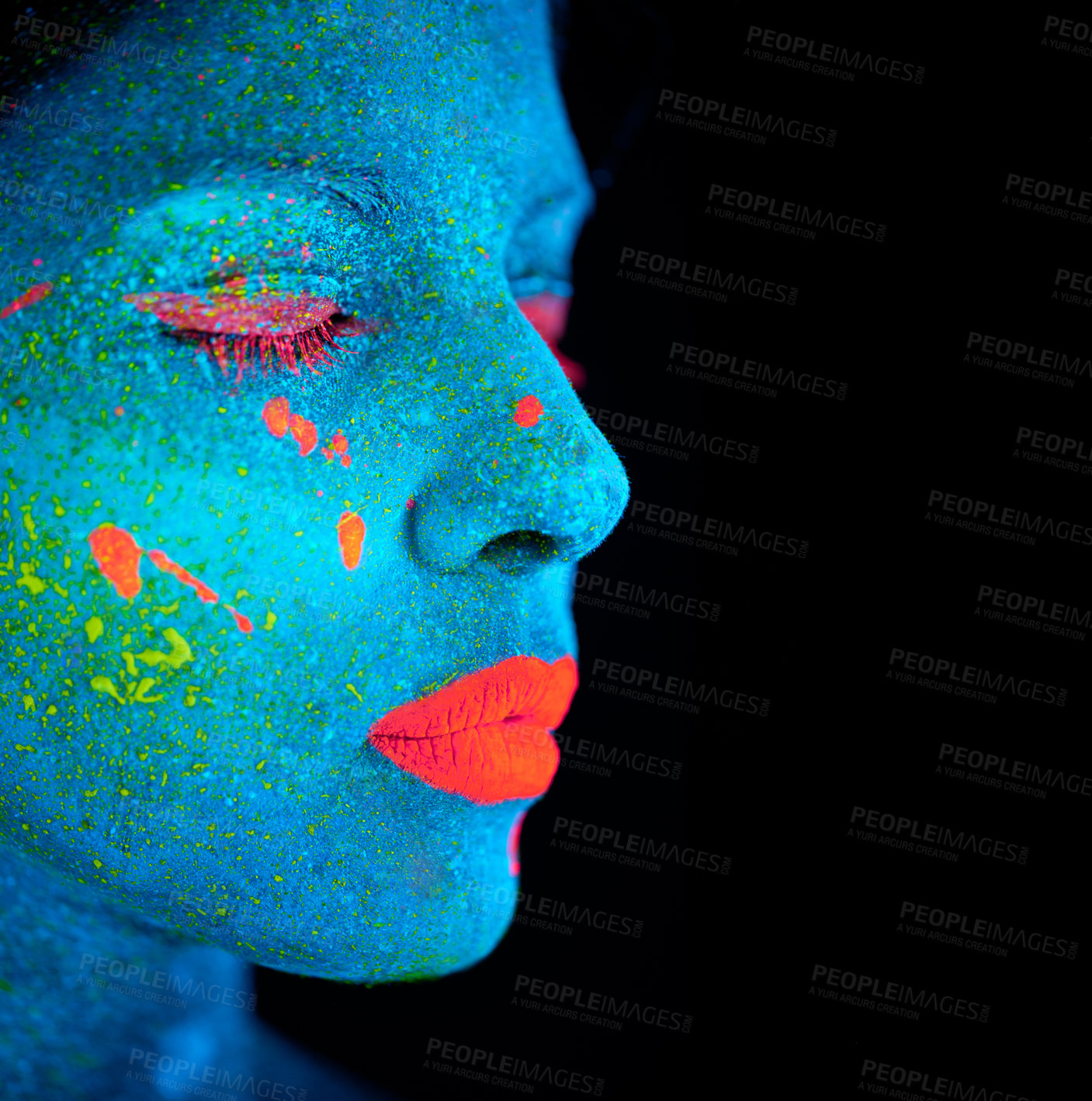 Buy stock photo Neon paint, makeup and woman face with beauty closeup in dark background and creative cosmetics. Glow, fantasy and psychedelic cosmetic of female model with unique and creativity with art in studio 