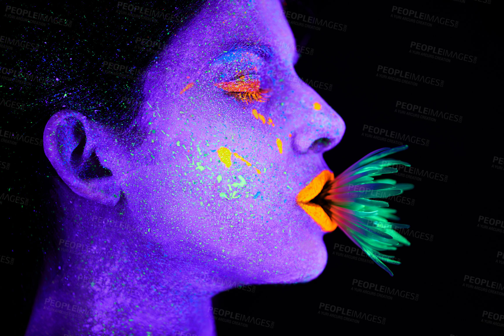 Buy stock photo Neon, paint and woman with art in studio or plant for organic creativity, psychedelic aesthetic or cosmetics. Glow makeup, person or fluorescent glitter for uv illusion or fantasy on black background