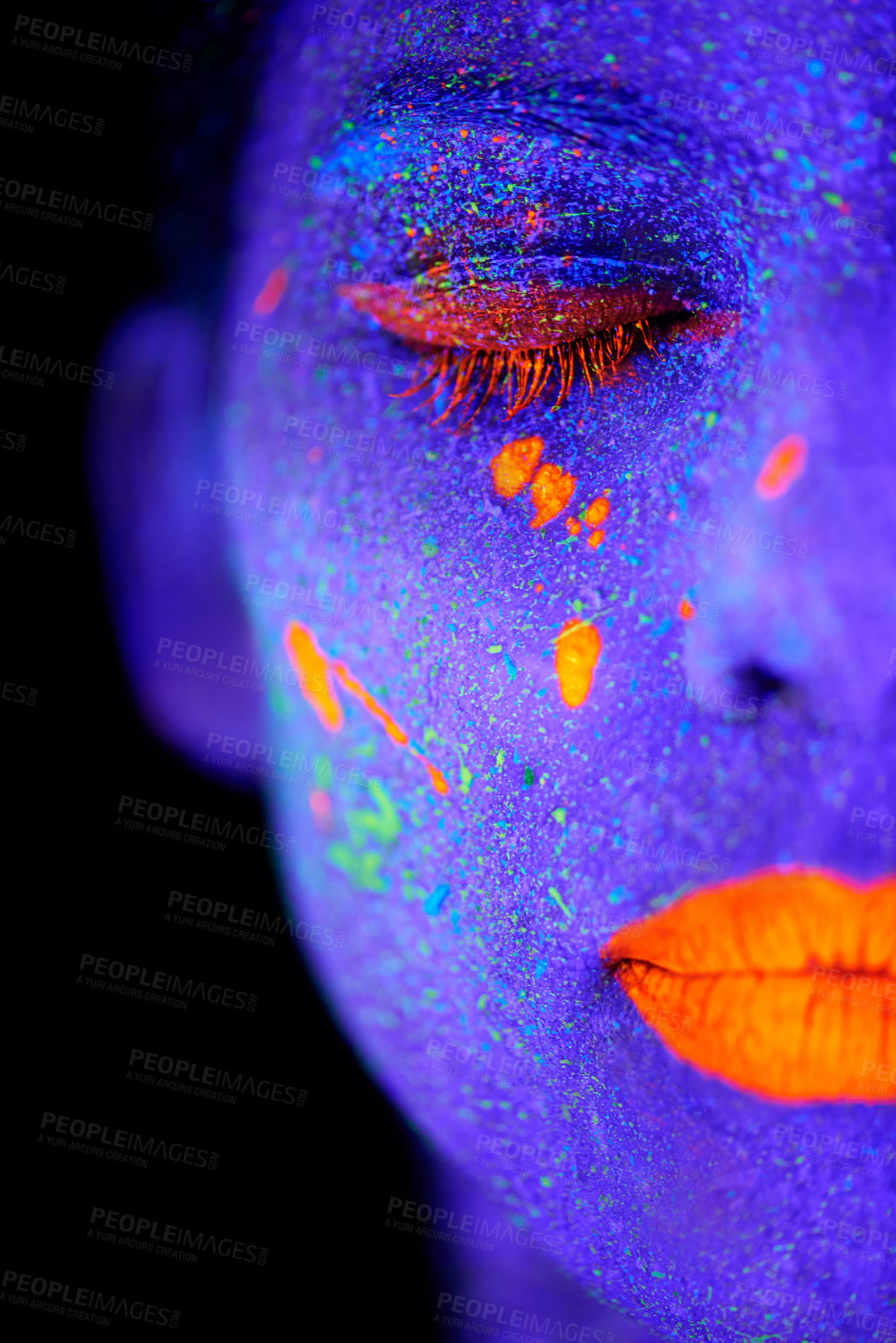 Buy stock photo Face, neon and psychedelic closeup for creative, art and glitter with unique surreal glow. Person, science fiction and color with dream, rave and abstract uv illusion for mystical fluorescent trance
