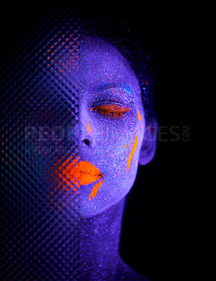 Buy stock photo Face, neon and mystery paint for creative, art and glitter for unique psychedelic glow. Person, science fiction or color for pixel, particle and dissolving uv illusion for mystical fluorescent trance