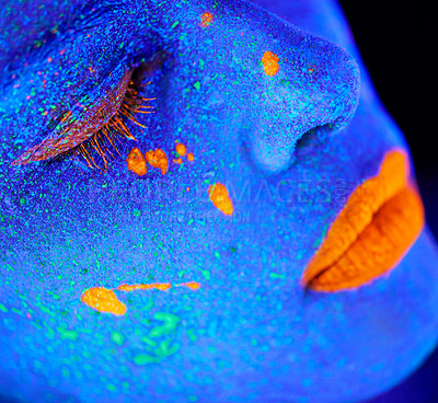 Buy stock photo Neon paint, makeup zoom and woman face with black background and creative cosmetics. Glow beauty, fantasy and psychedelic cosmetic of a female model with unique and creativity with art in studio 