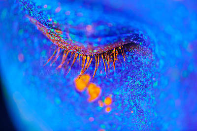 Buy stock photo Eye, neon and psychedelic galaxy for creative, art and glitter with unique surreal glow. Face, science fiction and color with dream, rave and abstract uv illusion for mystical fluorescent trance