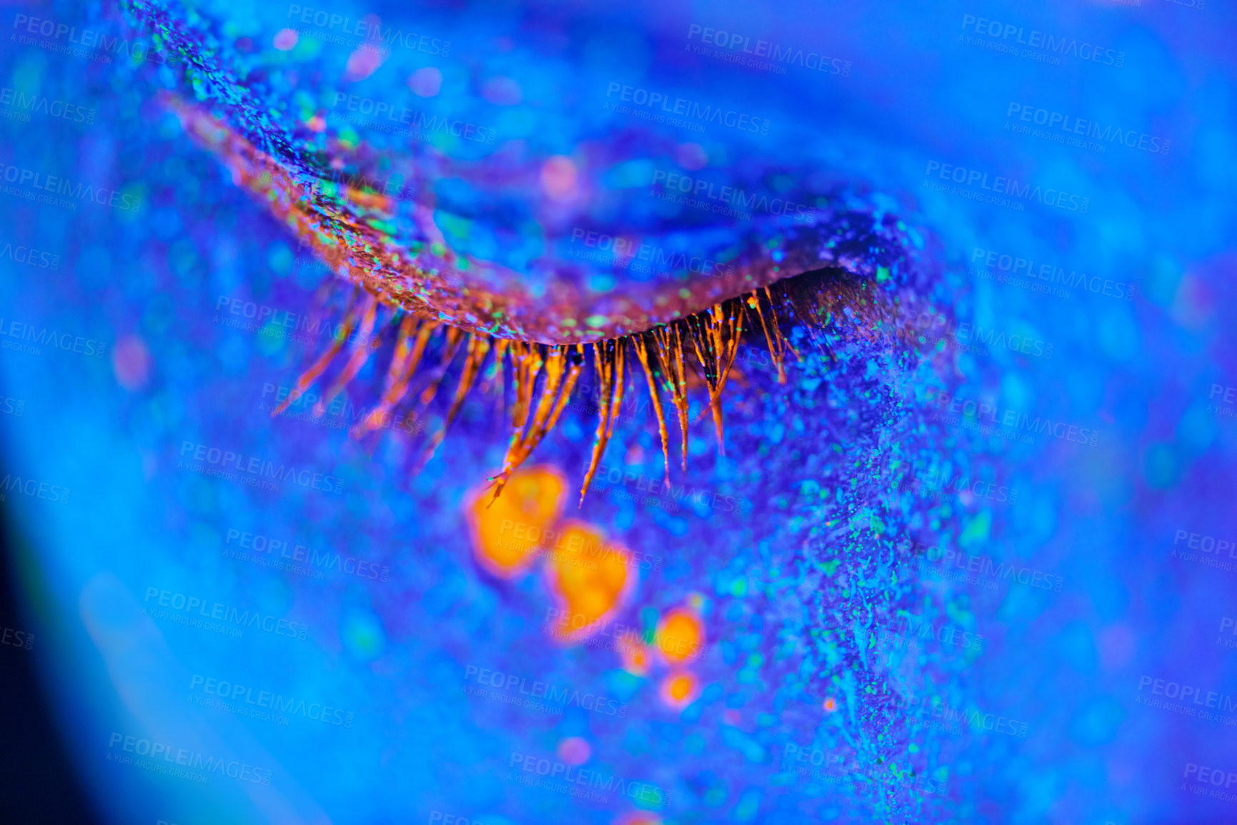 Buy stock photo Eye, neon and psychedelic galaxy for creative, art and glitter with unique surreal glow. Face, science fiction and color with dream, rave and abstract uv illusion for mystical fluorescent trance