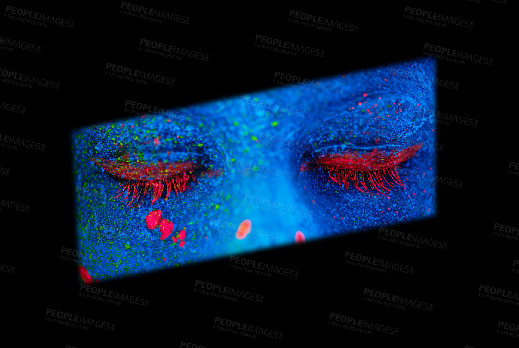 Buy stock photo Shot of a young woman posing with neon paint on her face