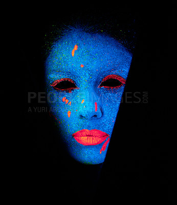 Buy stock photo Face, neon and creepy paint for creativity, art and glitter with unique surreal glow. Person, science fiction and color with dream, rave and abstract uv illusion for mystical fluorescent trance