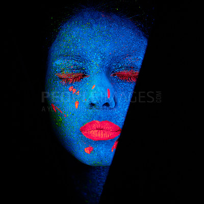 Buy stock photo Face, neon and whimsical paint for creative, art and glitter with unique surreal glow. Person, science fiction and color with dream, rave and abstract uv illusion for mystical fluorescent trance