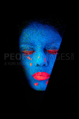 Buy stock photo Face, neon and artistic paint for creative, art and glitter with unique surreal glow. Person, science fiction and color with dream, rave and abstract uv illusion for mystical fluorescent trance