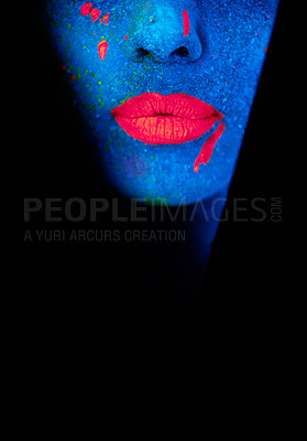 Buy stock photo Lips, neon and psychedelic paint for creative, art and glitter for unique surreal glow. Face, science fiction or color for abstract, whimsical and vivid uv illusion for mystical fluorescent trance