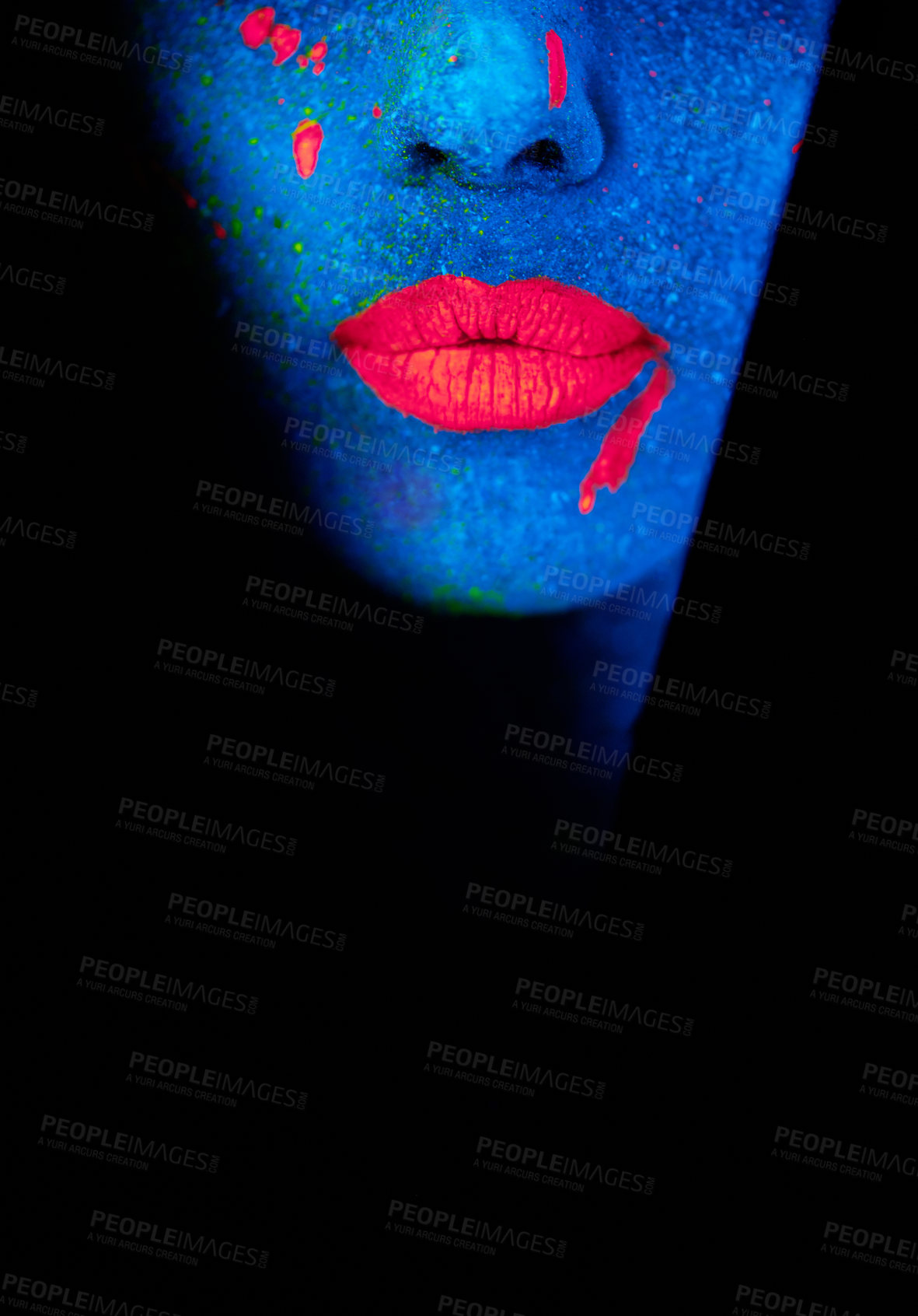 Buy stock photo Lips, neon and psychedelic paint for creative, art and glitter for unique surreal glow. Face, science fiction or color for abstract, whimsical and vivid uv illusion for mystical fluorescent trance