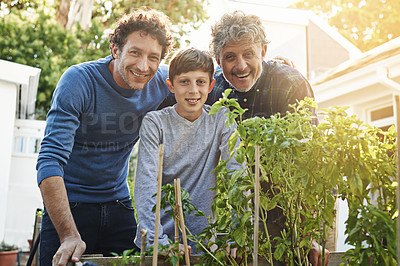 Buy stock photo Child, father and grandfather in gardening portrait with smile, support and outdoor bonding together. Men, family and face of happy boy with generations in backyard for legacy, weekend and plants